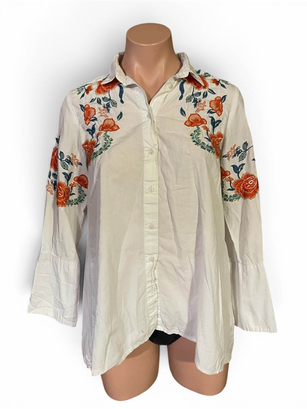 Zara Basic Shirt Womens XS White Floral Embroidered Button Down Boho Top